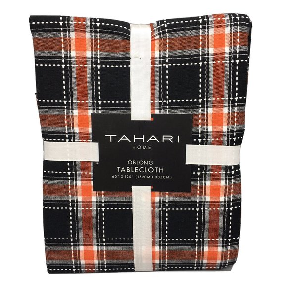 Tahari Halloween Black Plaid Tablecloth 60x120 Orange White Cotton Decor NWT - Picture 1 of 6